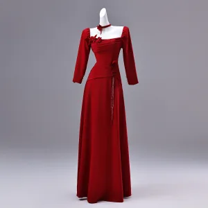 Élégant Rouge Appliques Robe De Bal 2026 Princesse Encolure Carrée Manches Longues Dos Nu Longue Robe De Ceremonie