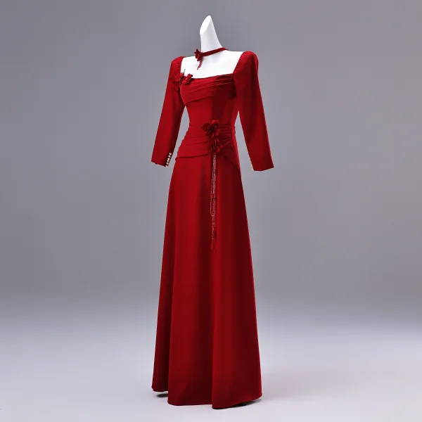 Elegant Red Appliques Prom Dresses 2026 A-Line / Princess Square Neckline Long Sleeve Backless Floor-Length / Long Formal Dresses
