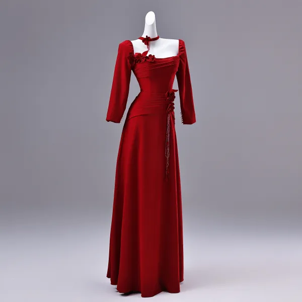 Elegant Red Appliques Prom Dresses 2026 A-Line / Princess Square Neckline Long Sleeve Backless Floor-Length / Long Formal Dresses