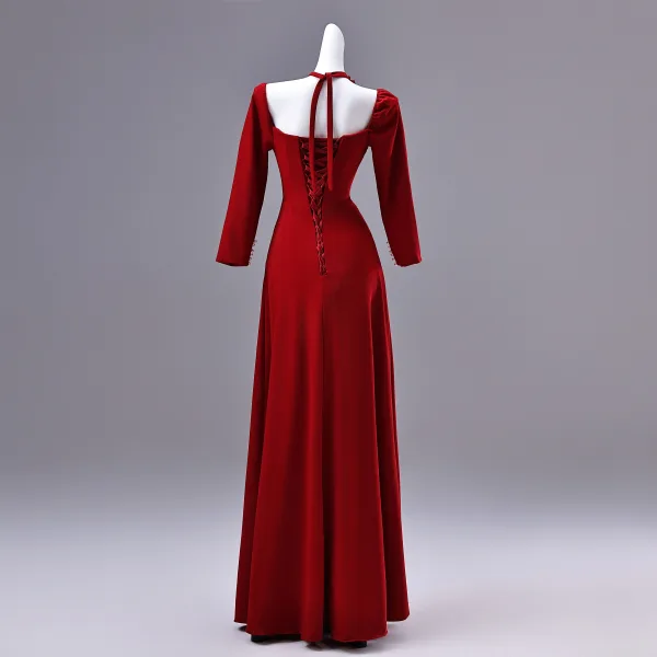 Elegant Red Appliques Prom Dresses 2026 A-Line / Princess Square Neckline Long Sleeve Backless Floor-Length / Long Formal Dresses