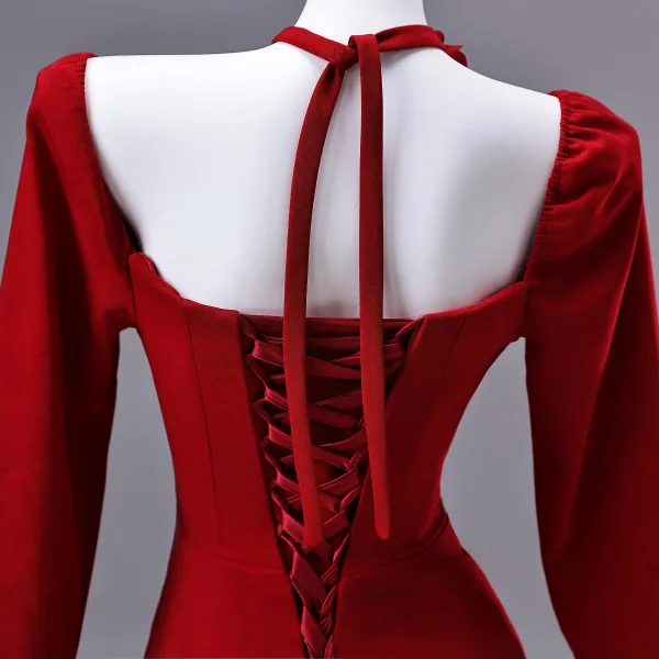Elegant Red Appliques Prom Dresses 2026 A-Line / Princess Square Neckline Long Sleeve Backless Floor-Length / Long Formal Dresses