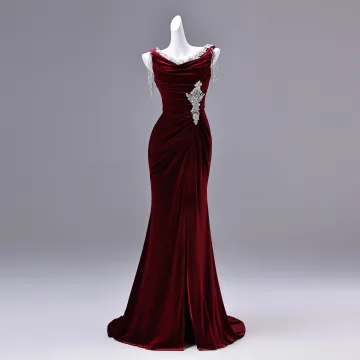 Charming Burgundy Beading Rhinestone Sequins Split Front Velvet Evening Dresses 2026 Trumpet Mermaid V Neck Sleeveless Backless Sweep Train Formal Dresses