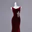 Charmant Bordeaux Perlage Faux Diamant Paillettes Fendue devant Velours Robe De Soirée 2026 Trompette / Sirène V-Cou Sans Manches Dos Nu Train De Balayage Robe De Ceremonie