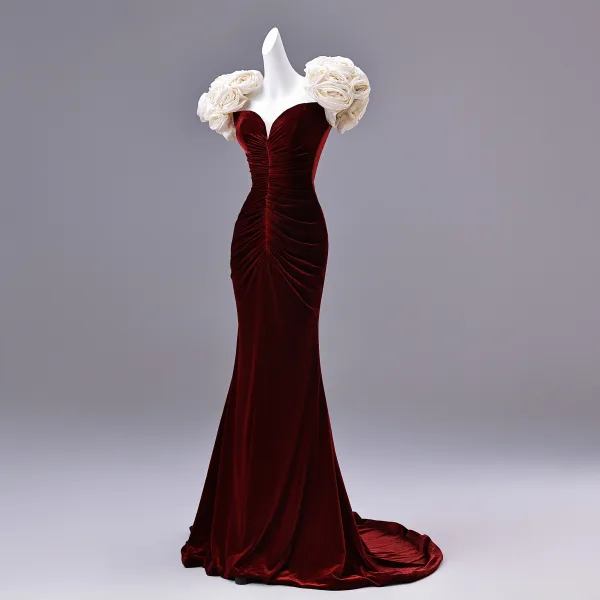 Charming Burgundy Flower Velvet Evening Dresses  2026 Trumpet / Mermaid Strapless Short Sleeve Backless Sweep Train Formal Dresses