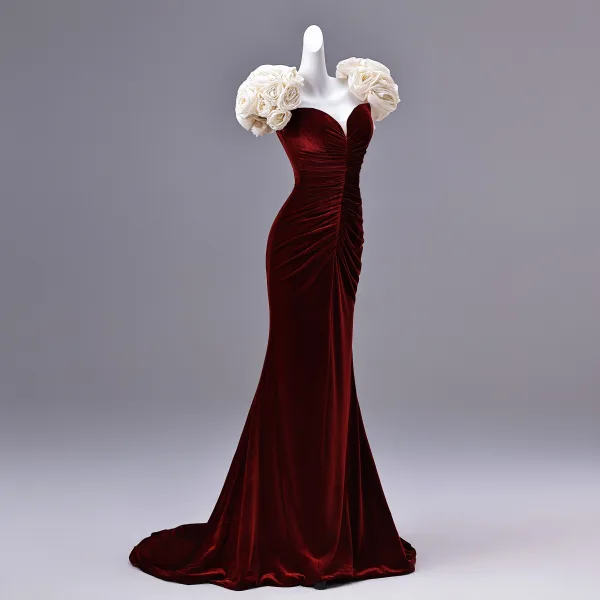 Charming Burgundy Flower Velvet Evening Dresses  2026 Trumpet / Mermaid Strapless Short Sleeve Backless Sweep Train Formal Dresses