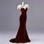 Charming Burgundy Flower Velvet Evening Dresses  2026 Trumpet / Mermaid Strapless Short Sleeve Backless Sweep Train Formal Dresses