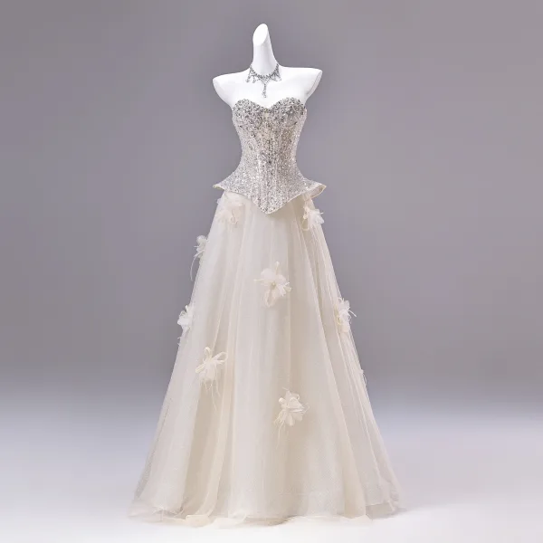 Sexy Sparkly Hvit Beading Paljetter Appliques Rhinestone Ballkjoler 2026 Prinsesse Kjæreste Uten Ermer Ryggløse Lange Ball