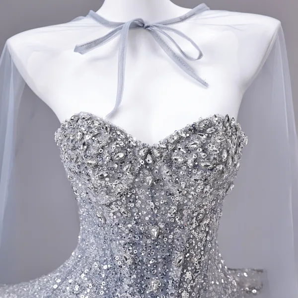 Sparkly Sølv Beading Perle Rhinestone Paljetter Appliques Ballkjoler 2026 Prinsesse Kjæreste Uten Ermer Ryggløse Lange Ball Formelle Kjoler