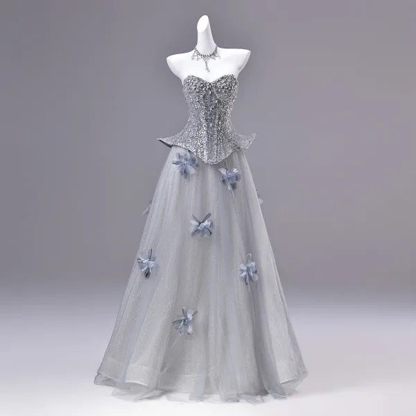 Sparkly Sølv Beading Perle Rhinestone Paljetter Appliques Ballkjoler 2026 Prinsesse Kjæreste Uten Ermer Ryggløse Lange Ball Formelle Kjoler