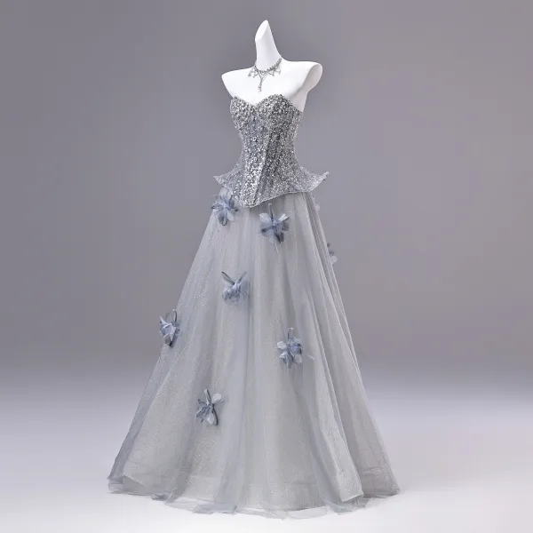 Sparkly Sølv Beading Perle Rhinestone Paljetter Appliques Ballkjoler 2026 Prinsesse Kjæreste Uten Ermer Ryggløse Lange Ball Formelle Kjoler