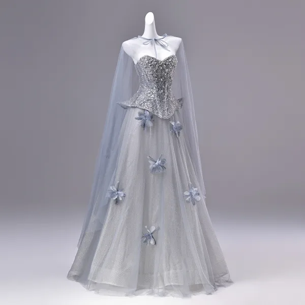 Sparkly Sølv Beading Perle Rhinestone Paljetter Appliques Ballkjoler 2026 Prinsesse Kjæreste Uten Ermer Ryggløse Lange Ball Formelle Kjoler