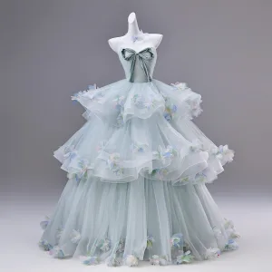Fée Des Fleurs Vert Citron Appliques Noeud Robe De Bal 2026 Robe Boule Bustier Sans Manches Dos Nu Train De Balayage Robe De Ceremonie