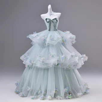 Flower Fairy Mint Green Appliques Bow Prom Dresses 2026 Ball Gown Strapless Sleeveless Backless Sweep Train Formal Dresses