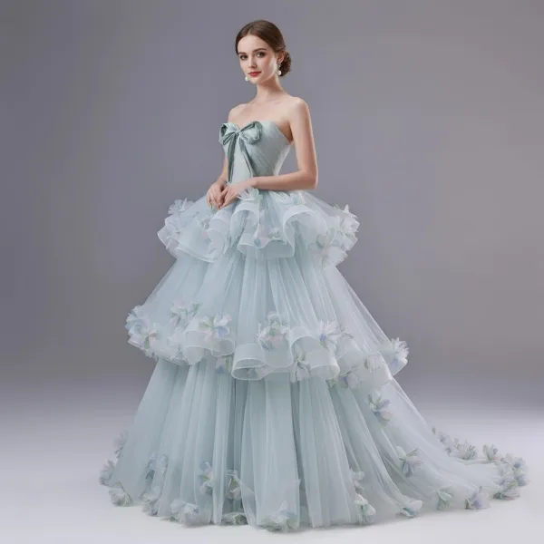 Flower Fairy Mint Green Appliques Bow Prom Dresses 2026 Ball Gown Strapless Sleeveless Backless Sweep Train Formal Dresses