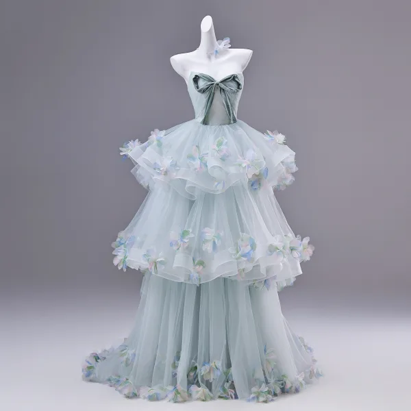 Flower Fairy Mint Green Appliques Bow Prom Dresses 2026 Ball Gown Strapless Sleeveless Backless Sweep Train Formal Dresses