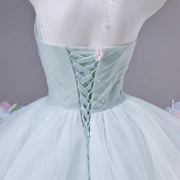 Flower Fairy Mint Green Appliques Bow Prom Dresses 2026 Ball Gown Strapless Sleeveless Backless Sweep Train Formal Dresses