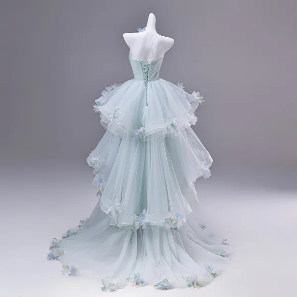 Flower Fairy Mint Green Appliques Bow Prom Dresses 2026 Ball Gown Strapless Sleeveless Backless Sweep Train Formal Dresses