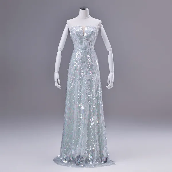 Sparkly Fashion Sky Blue Beading Appliques Sequins Prom Dresses 2026 A-Line / Princess Strapless Sleeveless Backless Floor-Length / Long Formal Dresses