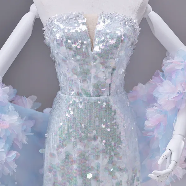 Sparkly Fashion Sky Blue Beading Appliques Sequins Prom Dresses 2026 A-Line / Princess Strapless Sleeveless Backless Floor-Length / Long Formal Dresses