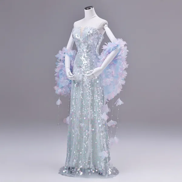 Sparkly Fashion Sky Blue Beading Appliques Sequins Prom Dresses 2026 A-Line / Princess Strapless Sleeveless Backless Floor-Length / Long Formal Dresses