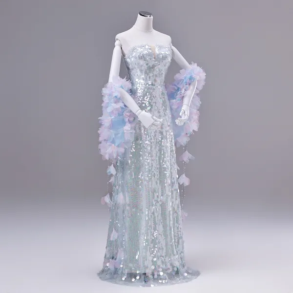 Sparkly Fashion Sky Blue Beading Appliques Sequins Prom Dresses 2026 A-Line / Princess Strapless Sleeveless Backless Floor-Length / Long Formal Dresses