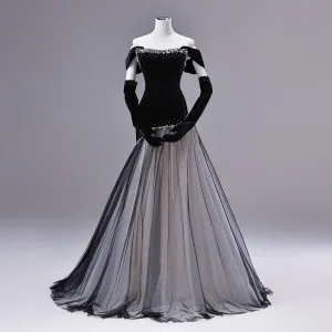 Elegant Black Pearl Prom Dresses 2026 A Line Princess Off The Shoulder Sleeveless Backless Sweep Train Formal Dresses
