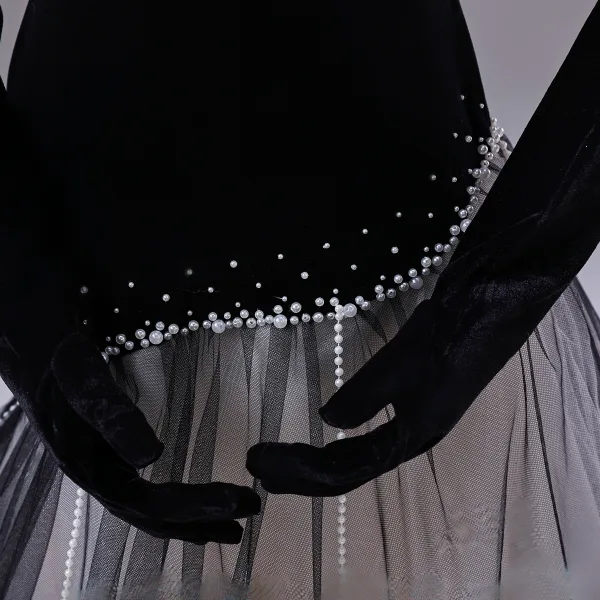 Elegant Black Pearl Prom Dresses 2026 A-Line / Princess Off-The-Shoulder Sleeveless Backless Sweep Train Formal Dresses