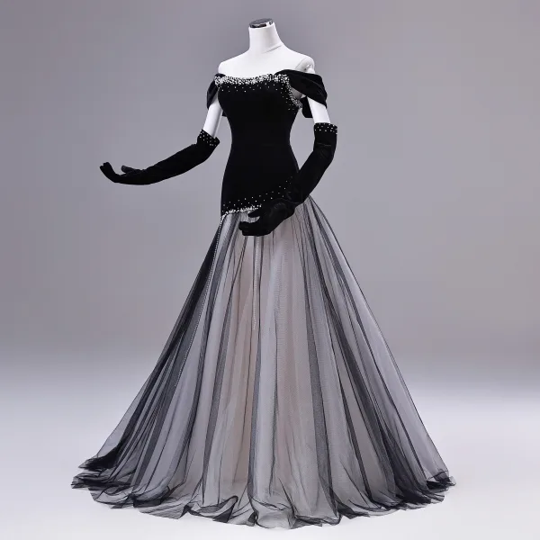 Elegant Black Pearl Prom Dresses 2026 A-Line / Princess Off-The-Shoulder Sleeveless Backless Sweep Train Formal Dresses