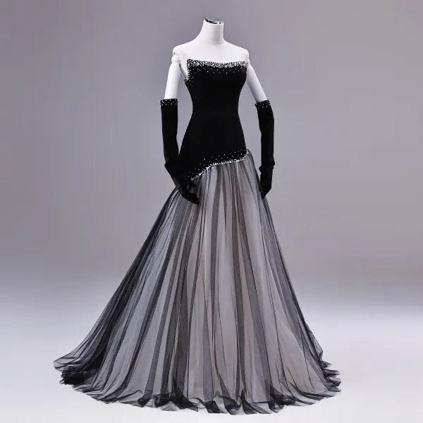 Elegant Black Pearl Prom Dresses 2026 A-Line / Princess Off-The-Shoulder Sleeveless Backless Sweep Train Formal Dresses
