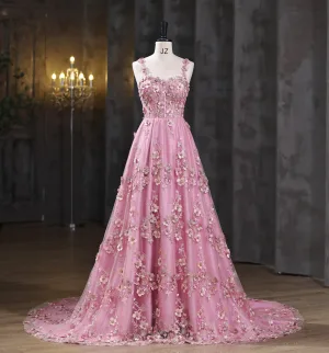 Blomsterfe Rødmende Rosa Perle Blonder Blomst Ballkjoler 2025 Prinsesse Spaghettistropper Uten Ermer Ryggløse Lange Formelle Kjoler