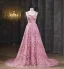 Flower Fairy Blushing Pink Pearl Lace Flower Prom Dresses 2025 A-Line / Princess Spaghetti Straps Sleeveless Backless Floor-Length / Long Formal Dresses