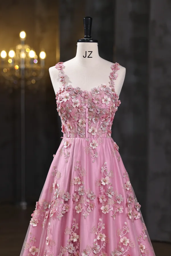 Flower Fairy Blushing Pink Pearl Lace Flower Prom Dresses 2025 A-Line / Princess Spaghetti Straps Sleeveless Backless Floor-Length / Long Formal Dresses