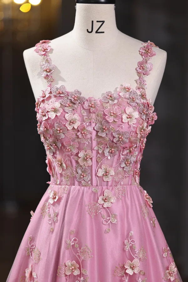 Flower Fairy Blushing Pink Pearl Lace Flower Prom Dresses 2025 A-Line / Princess Spaghetti Straps Sleeveless Backless Floor-Length / Long Formal Dresses