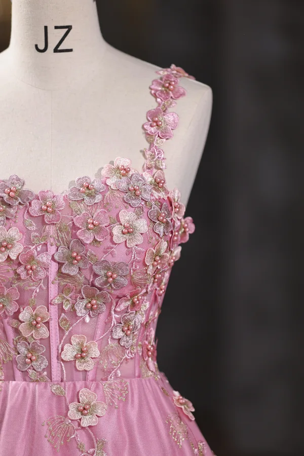 Flower Fairy Blushing Pink Pearl Lace Flower Prom Dresses 2025 A-Line / Princess Spaghetti Straps Sleeveless Backless Floor-Length / Long Formal Dresses
