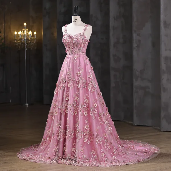 Flower Fairy Blushing Pink Pearl Lace Flower Prom Dresses 2025 A-Line / Princess Spaghetti Straps Sleeveless Backless Floor-Length / Long Formal Dresses