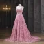 Flower Fairy Blushing Pink Pearl Lace Flower Prom Dresses 2025 A-Line / Princess Spaghetti Straps Sleeveless Backless Floor-Length / Long Formal Dresses