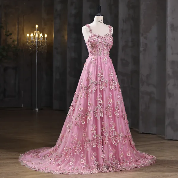 Flower Fairy Blushing Pink Pearl Lace Flower Prom Dresses 2025 A-Line / Princess Spaghetti Straps Sleeveless Backless Floor-Length / Long Formal Dresses