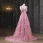 Flower Fairy Blushing Pink Pearl Lace Flower Prom Dresses 2025 A-Line / Princess Spaghetti Straps Sleeveless Backless Floor-Length / Long Formal Dresses