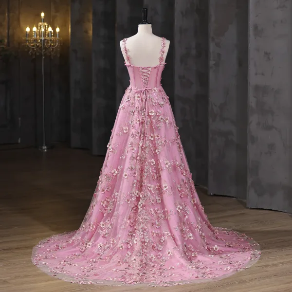 Flower Fairy Blushing Pink Pearl Lace Flower Prom Dresses 2025 A-Line / Princess Spaghetti Straps Sleeveless Backless Floor-Length / Long Formal Dresses