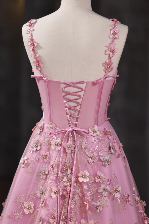Flower Fairy Blushing Pink Pearl Lace Flower Prom Dresses 2025 A-Line / Princess Spaghetti Straps Sleeveless Backless Floor-Length / Long Formal Dresses