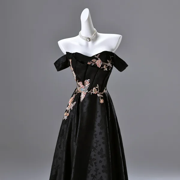 Vintage / Retro Black Beading Sequins Embroidered Prom Dresses 2025 A-Line / Princess Strapless Sleeveless Backless Floor-Length / Long Prom Formal Dresses