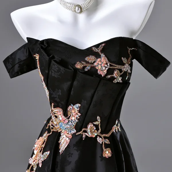 Vintage / Retro Black Beading Sequins Embroidered Prom Dresses 2025 A-Line / Princess Strapless Sleeveless Backless Floor-Length / Long Prom Formal Dresses