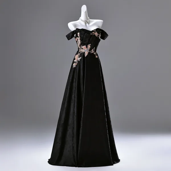 Vintage / Retro Black Beading Sequins Embroidered Prom Dresses 2025 A-Line / Princess Strapless Sleeveless Backless Floor-Length / Long Prom Formal Dresses