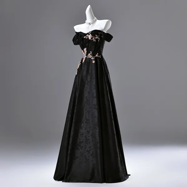 Vintage / Retro Black Beading Sequins Embroidered Prom Dresses 2025 A-Line / Princess Strapless Sleeveless Backless Floor-Length / Long Prom Formal Dresses