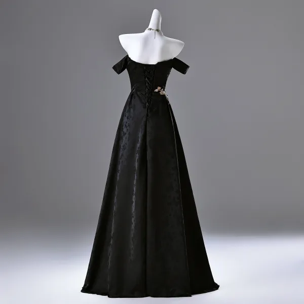 Vintage / Retro Black Beading Sequins Embroidered Prom Dresses 2025 A-Line / Princess Strapless Sleeveless Backless Floor-Length / Long Prom Formal Dresses
