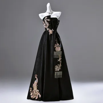 Chinese Style Black Embroidered Beading Sequins Prom Dresses 2025 A Line Princess Strapless Sleeveless Backless Floor Length Long Prom Formal Dresses