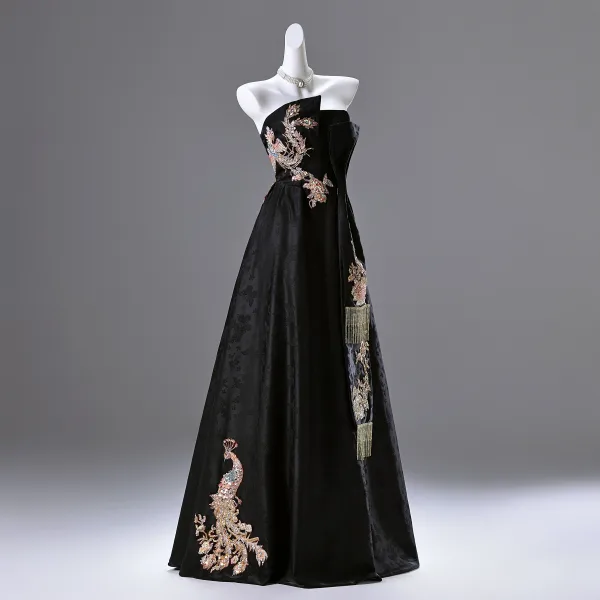 Style Chinois Noire Brodé Perlage Paillettes Robe De Bal 2025 Princesse Bustier Sans Manches Dos Nu Longue Promo Robe De Ceremonie