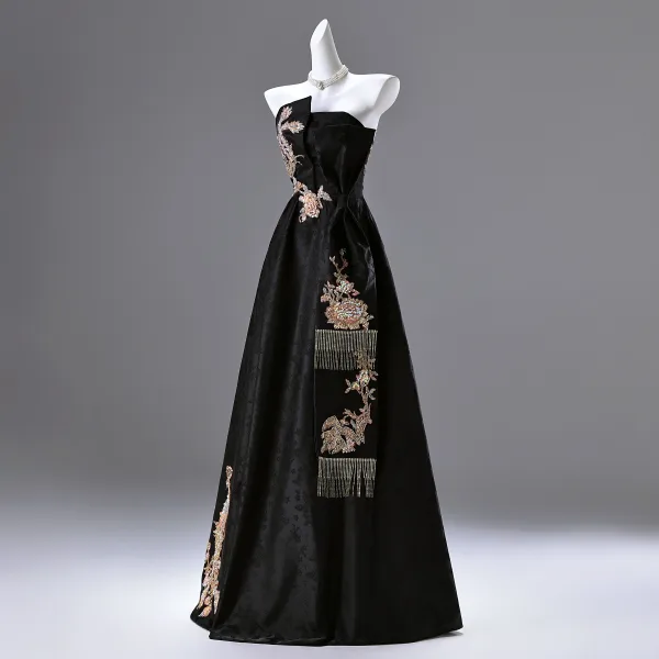 Style Chinois Noire Brodé Perlage Paillettes Robe De Bal 2025 Princesse Bustier Sans Manches Dos Nu Longue Promo Robe De Ceremonie