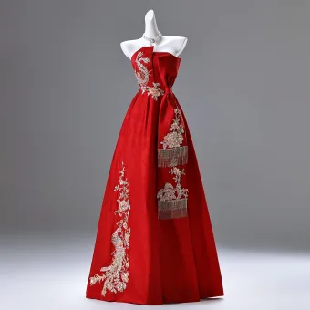 Style Chinois Rouge Perlage Paillettes Robe De Bal 2025 Princesse Bustier Sans Manches Dos Nu Longue Promo Robe De Ceremonie