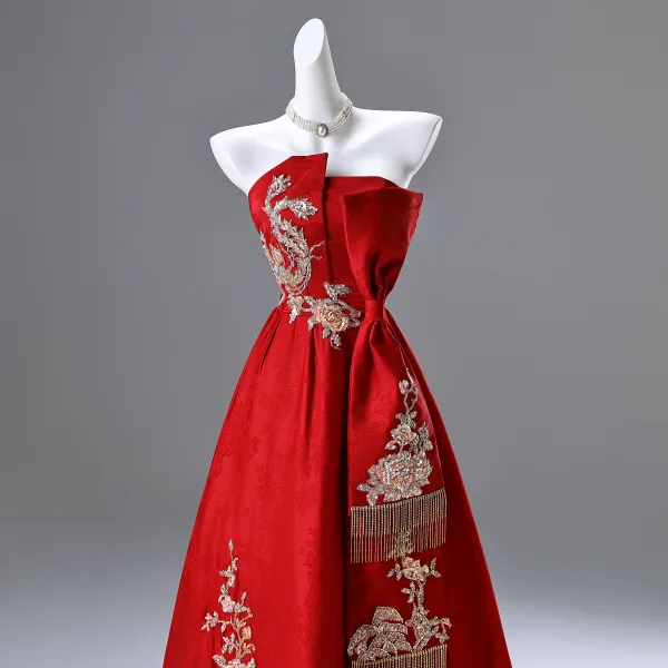 Chinese style Red Beading Sequins Prom Dresses 2025 A-Line / Princess Strapless Sleeveless Backless Floor-Length / Long Prom Formal Dresses